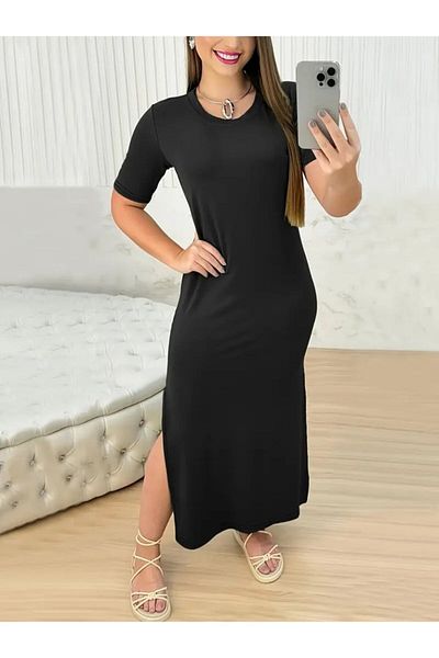 modaserdem Women's Short Sleeve Crew Neck Side Slit Viscose Dress