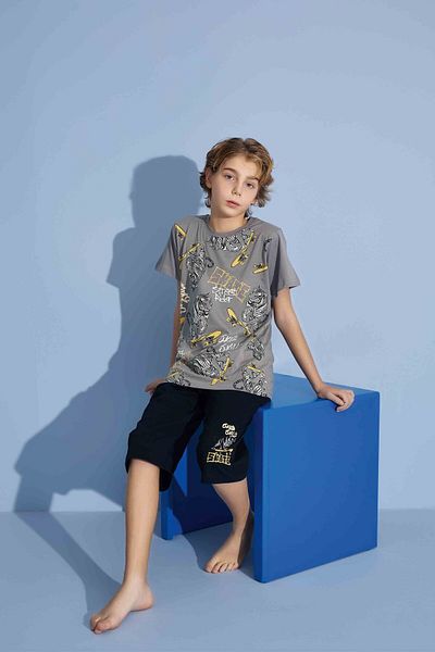 Tarık Male Child Tiger T-Shirt Bermuda Bottom Combed Single Jersey Crew Neck Medium Thick Pajamas Set-3975