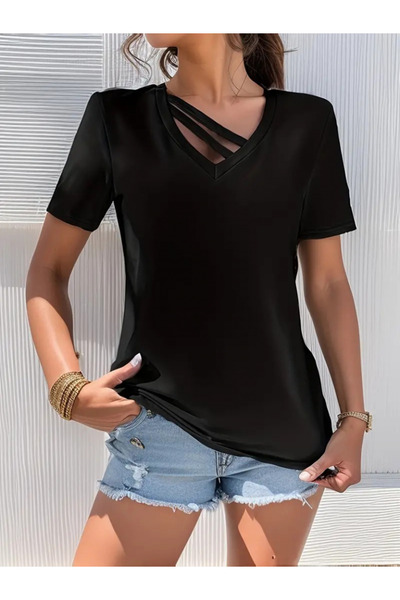 Viyamo Women's Short Sleeve V-Neck Stripe Detail Viscose Blouse