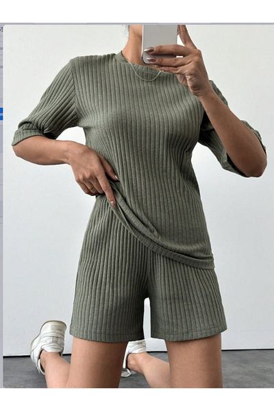AKNButik Women's Short Sleeve Crew Neck Camisole Blouse Shorts Double Set