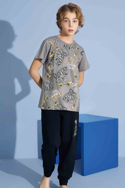 Tarık Хлопчачий футболка з принтом тигра, довгі шорти з трикотажу супрем, комір-стійка, піжама середньої щільності - 3973