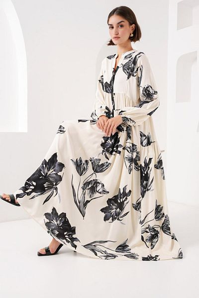 modaserdem 2423 Authentic Patterned Hijab Dress - D.Cream