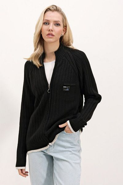 COTTONLAB 15863 Zippered Knitwear Cardigan - Black