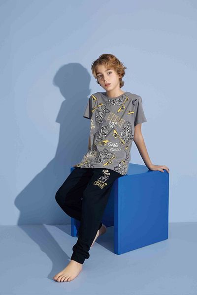 Tarık Male Child Tiger T-Shirt Long Bottom Combed Single Jersey Crew Neck Medium Thick Pajamas Set-3973