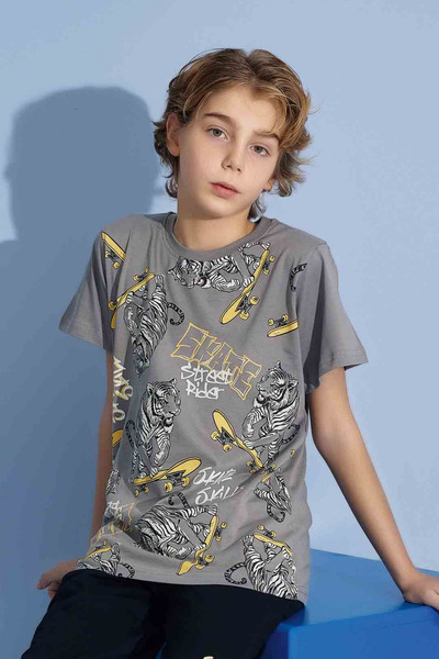 Tarık Хлопчачий футболка з принтом тигра, бермуди з трикотажу супрем, комір-стійка, піжама середньої щільності - 3975