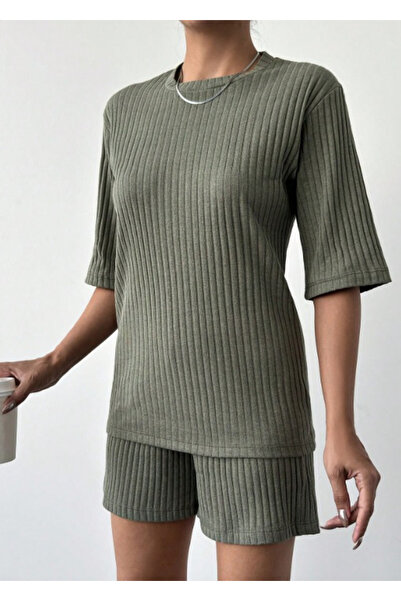 Bijuterria Ekşi̇oğlu Global Women's Short Sleeve Crew Neck K Ribbed Knit Blouse Shorts Two-Piece Set