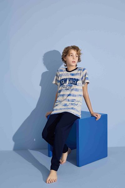 Tarık Boy's New York T-Shirt Long Bottom Combed Single Jersey Crew Neck Medium Thick Pajama Set-4004