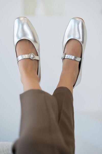 Parponi Amalia Women's Belt Detail Leather Ballerinas Silver