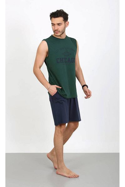 dealp Men's Khaki 100% Cotton Printed Tank Top Shorts Sleeveless Pocket Summer Pajama Set