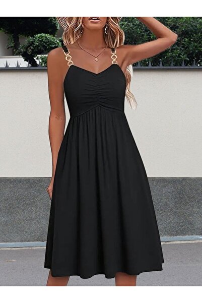 JANES Kadın Ip Askılı V Yakalı Kısa Viskon Elbise