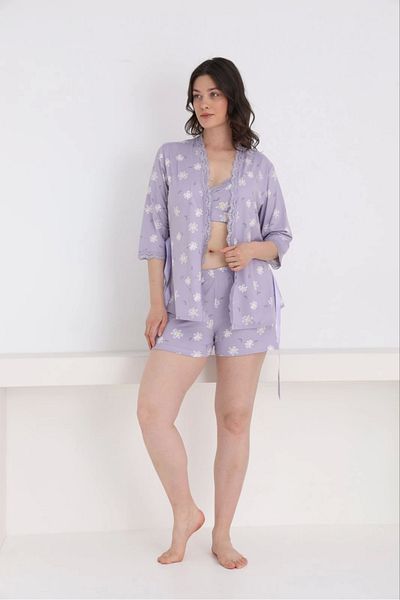 Pijamoni Women's Milan Fabric Dressing Gown with Lace Detail and Shorts 3-Piece Daisy Patterned Women's Pajama Set