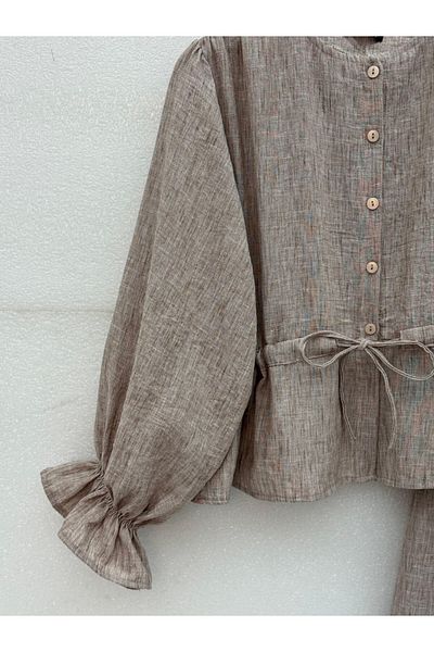 Modamorfo Buttoned Front, Elastic Sleeves, Tunnel Laced Linen Suit - Mink