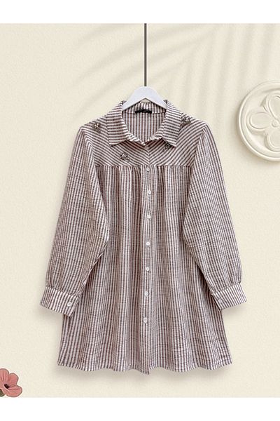 Modamorfo Striped Shirt with Stone and Bead Detail on Top - Mink