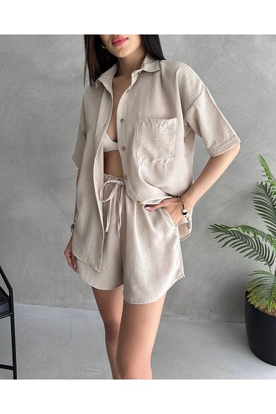 Fav Style Women's Aerobin Linen Short Sleeve Shirt and Shorts Bottom-Top Suit Beige