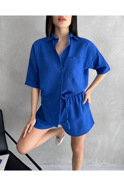 Fav Style Women's Aerobin Linen Short Sleeve Shirt and Shorts Bottom-Top Suit Saks Blue
