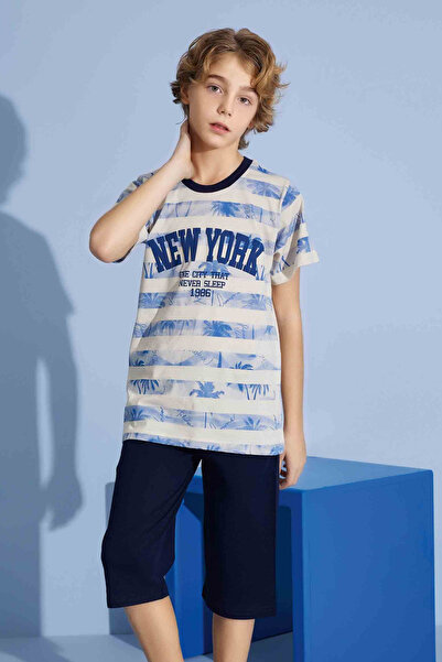 Tarık Boy's New York T-Shirt Bermuda Bottom Combed Single Jersey Crew Neck Medium Thick Pajama Set