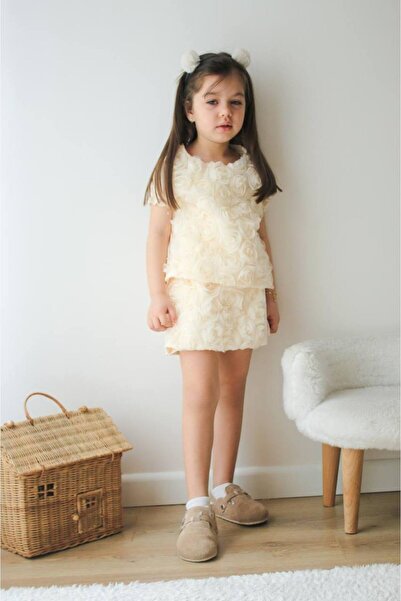 Genel Markalar Kız Çocuk Giyim Moda Bluz-Etek Görünümlü Short(Şort) Desenli Elbise İkili Takım