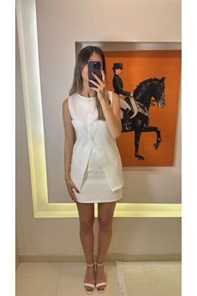 todays co Beyaz Yelek Etek Alt Üst Takım