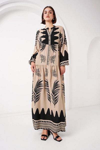 modaserdem 2423 Authentic Patterned Hijab Dress - C. Mink