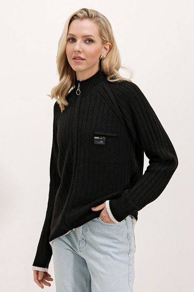 COTTONLAB 15863 Zippered Knitwear Cardigan - Black