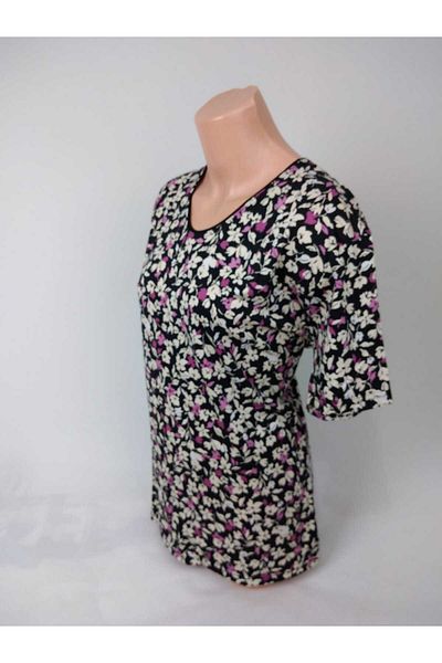 YAŞAR TRİKO Women's Black Lilac U Neck Short Sleeve Patterned Slit Woven Viscose Mother Combed Cotton T-Shirt