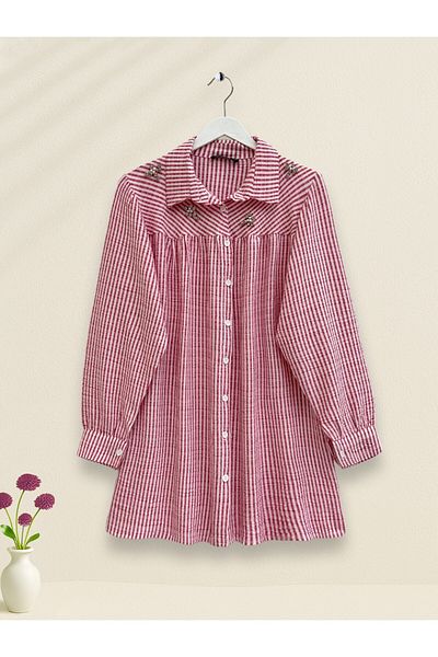 Modamorfo Striped Shirt with Stone and Bead Detail on Top - Pink