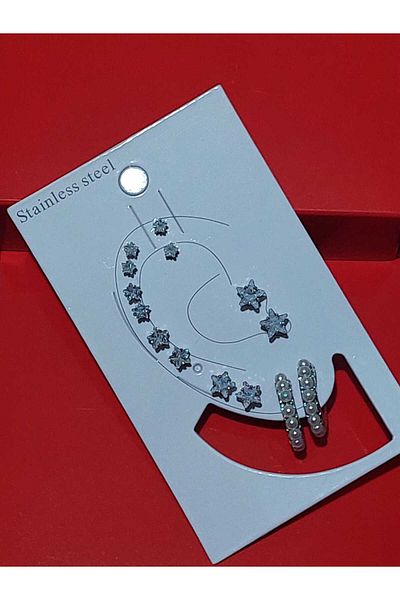 modares Stone Cartilage Earrings - 7 Pairs Solitaire Model - Antiallergenic Hoop Multiple Model Earring Set