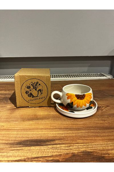 ColorCraft Yellow Flower Patterned Ceramic Mug with Plate, Mug, Double Turkish Coffee Filter Coffee