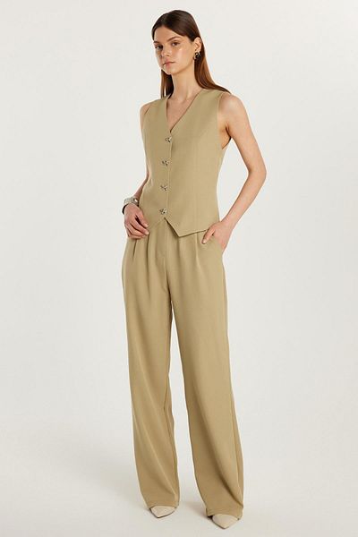 Tudors Women's Standard Fit Zero Sleeve Double Breasted Collar Buttoned Mint Vest Pants Suit