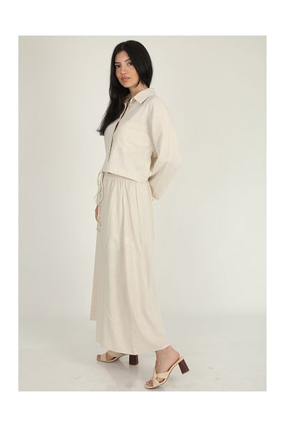 DEQ FASHION Women's Beige Linen Oversize Shirt Skirt Double Set