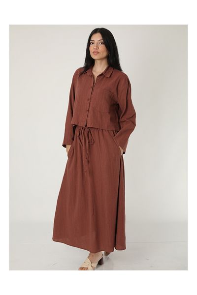 DEQ FASHION Women's Cream Linen Oversize Shirt Skirt Double Set