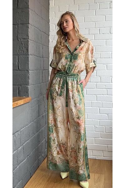 WellWay Linen Fabric Shirt & Pants 2-Piece Set-Green Floral-2739