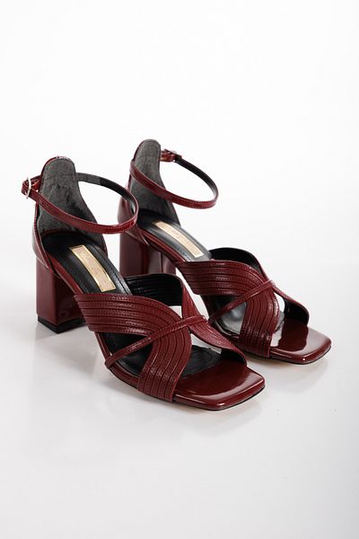 ÜNAL ÖZER Women's Burgundy Ankle Strap Thin Strap Thick Heeled Sandals Un001-0326