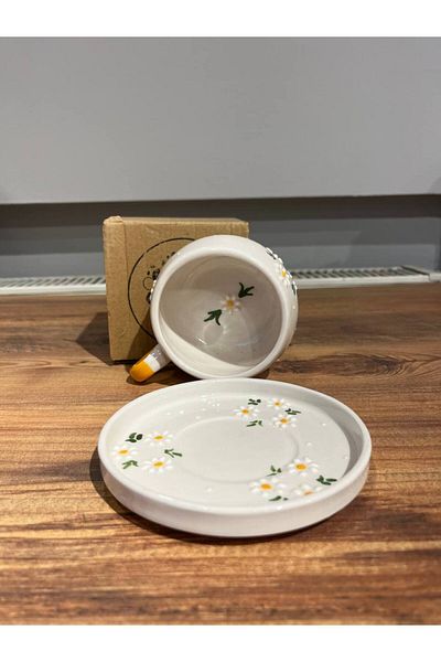 ColorCraft 3-Piece Daisy Patterned Plate Ceramic Mug, Mug, Double Turkish Coffee Filter Coffee
