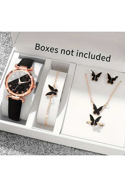 beynaaksesuar Gold Plated Butterfly Necklace Earrings Bracelet Ring Watch Gift Set Gift for Lover Gift for Mother
