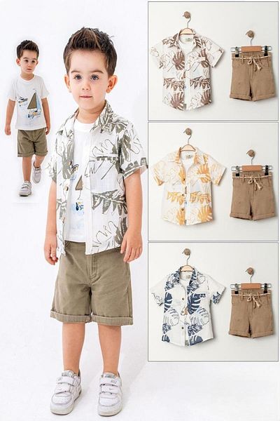 KIPIRIK BABY 3-Piece Boy's Brown Leaf Patterned Shirt T-Shirt Shorts Suit