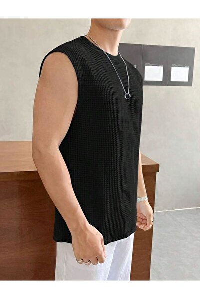 caddekombin Ανδρικό μπλουζάκι από ύφασμα βάφλα με μηδενικό μανίκι μαύρο
