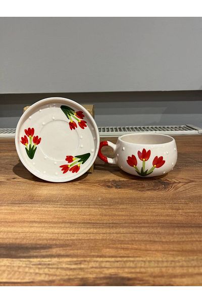 ColorCraft Red Flower Patterned Ceramic Mug with Plate, Mug, Double Turkish Coffee Filter Coffee