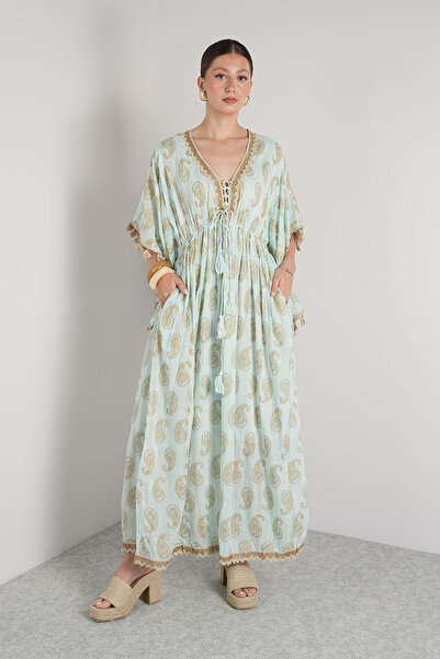 NAVAJO Maxi Elbise - Açık Yeşil Astarlı – %100 Pamuk – Standart Beden (36-44)