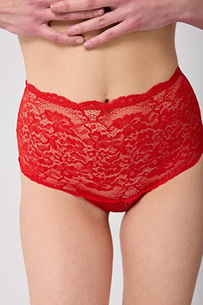 GIYOLA Kadın Dantelli Lastik Detaylı Yüksek Bel Kırmızı Tanga Külot