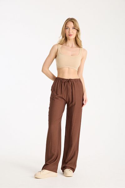Ahsenbutik Linen Blend Loose Cut Trousers Brown