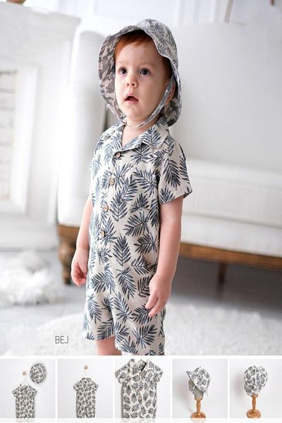 KIPIRIK BABY 2-Piece Baby Boy Blue Leaf Patterned Jumpsuit Hat Set