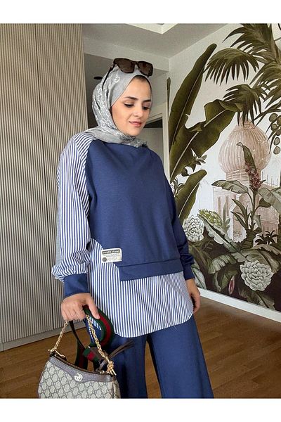Aselim Hijap Moda Modal υφασμάτινο πουκάμισο με λεπτομέρεια Hijab διπλό σετ - Άνετο συνδυασμό Navy Blue