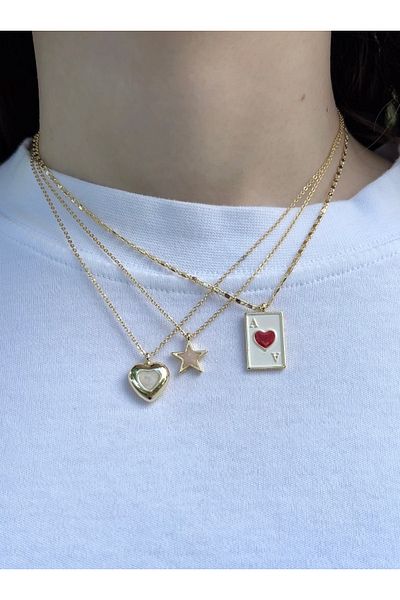 Eylülün Takısı Women's Gold Color 3 Pieces Trophy as Star Heart Necklace
