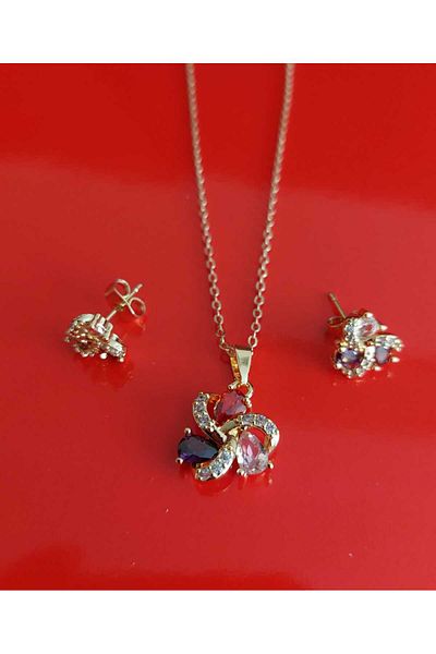 modares Zircon Stone Set Necklace - 3-Piece Necklace Earring Set - Stylish Trend Sets - Sets Suitable for Gifts