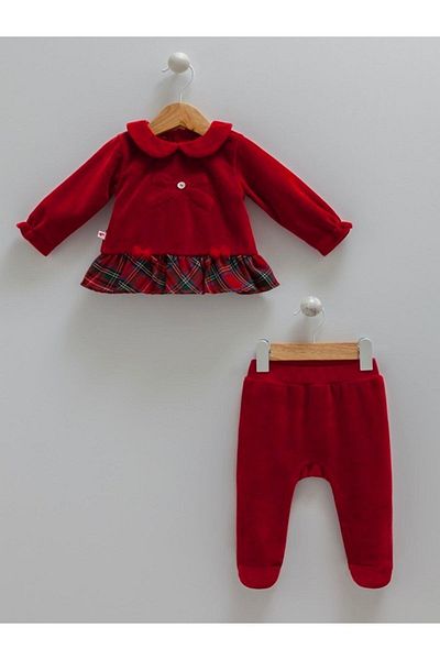 Caramel Christmas Themed Baby-Girl's Velvet 2-Piece Set and Hat