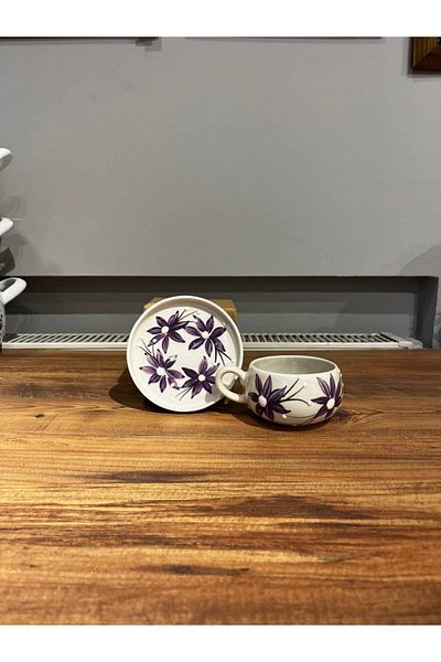 ColorCraft Purple Flower Patterned Ceramic Mug with Plate, Mug, Double Turkish Coffee Filter Coffee