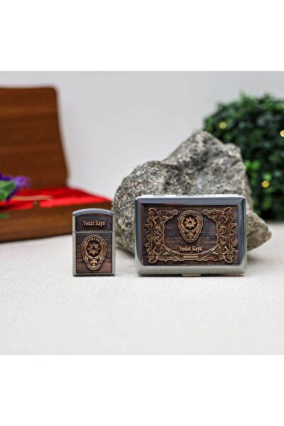 Hediyelerin Efendisi Ahşap Kutulu Polislere Özel Retro Ahşap Tasarımlı Sigara Tabakası Çakmak Seti