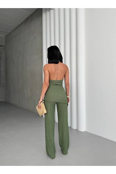 aytenli Flounce Collar Triangle Cut Back Open Lace up Top Elastic Waist Fitted Palazzo Pants Suit with Pockets