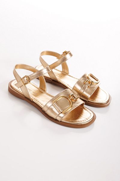 ÜNAL ÖZER Women's Gold Genuine Leather Buckle Detailed Ankle Strap Flat Daily Sandals Un001-0410